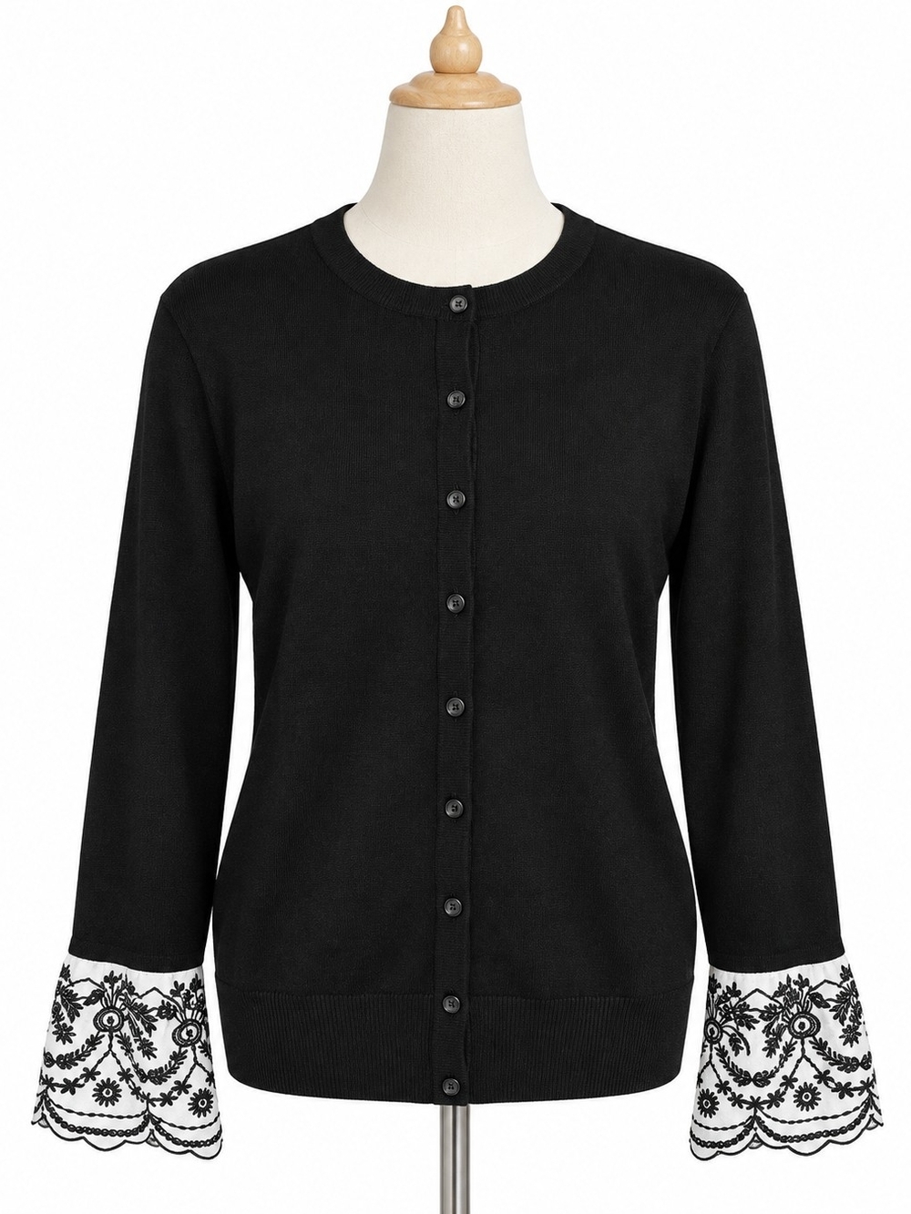 Charter Club S Black Embroidered Bell Cuff Cardigan Sweater NWT